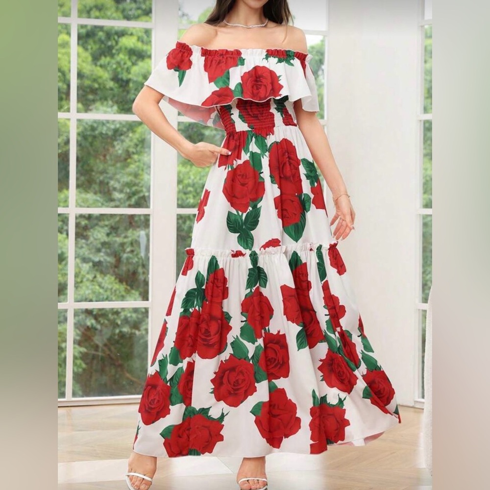 Chic Off-Shoulder Red Floral Maxi Dress